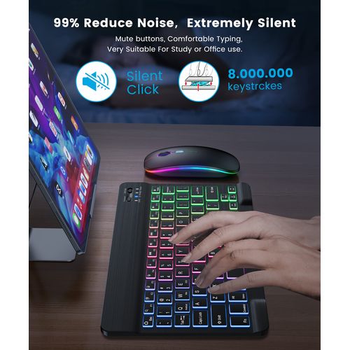 10inch Wireless Bluetooth Keyboard+Mouse 7 Colors Backlit Rechargeable Keyboard