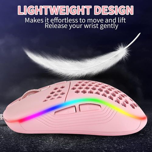 Wired Gaming Mouse with RGB On/Off Switch, 7200 Adjustable DPI, Ergonomic Lightweight Design & High Precision Sensor for PC/Mac Gamers (Pink)