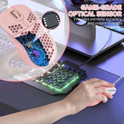 Wired Gaming Mouse with RGB On/Off Switch, 7200 Adjustable DPI, Ergonomic Lightweight Design & High Precision Sensor for PC/Mac Gamers (Pink)