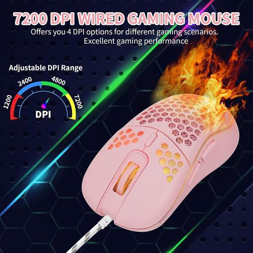 Wired Gaming Mouse with RGB On/Off Switch, 7200 Adjustable DPI, Ergonomic Lightweight Design & High Precision Sensor for PC/Mac Gamers (Pink)
