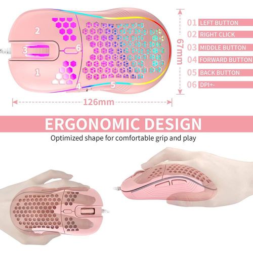 Wired Gaming Mouse with RGB On/Off Switch, 7200 Adjustable DPI, Ergonomic Lightweight Design & High Precision Sensor for PC/Mac Gamers (Pink)
