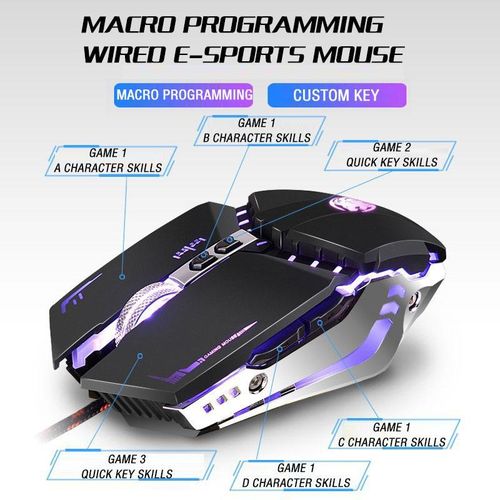 wired silent mouse, e-sports game office mouse, 4-color breathing light, human labor design-Black