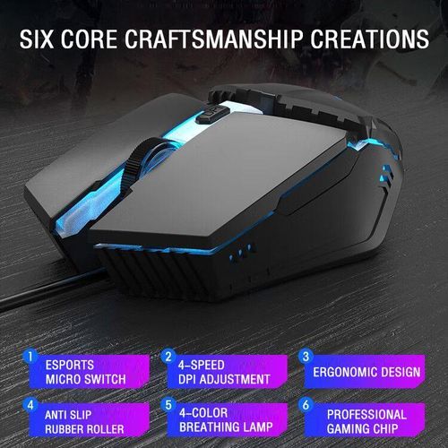 wired silent mouse, e-sports game office mouse, 4-color breathing light, human labor design-Black