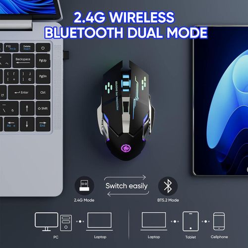 Wireless Gaming Mouse - Rechargeable Bluetooth 2.4GHz, RGB Backlit, Silent Click