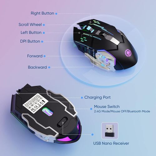 Wireless Gaming Mouse - Rechargeable Bluetooth 2.4GHz, RGB Backlit, Silent Click