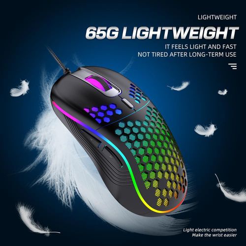 Honeycomb Wired Gaming Mouse with RGB On/Off Switch, 7200 Adjustable DPI, Ergonomic Lightweight Design & High Precision Sensor for PC/Mac Gamers (Black)
