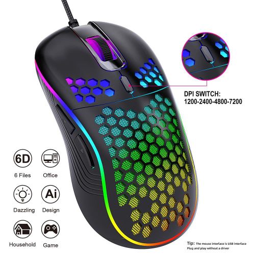 Honeycomb Wired Gaming Mouse with RGB On/Off Switch, 7200 Adjustable DPI, Ergonomic Lightweight Design & High Precision Sensor for PC/Mac Gamers (Black)