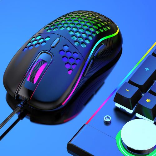 Honeycomb Wired Gaming Mouse with RGB On/Off Switch, 7200 Adjustable DPI, Ergonomic Lightweight Design & High Precision Sensor for PC/Mac Gamers (Black)