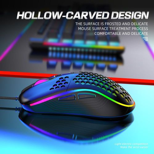 Honeycomb Wired Gaming Mouse with RGB On/Off Switch, 7200 Adjustable DPI, Ergonomic Lightweight Design & High Precision Sensor for PC/Mac Gamers (Black)