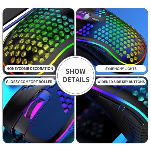 Honeycomb Wired Gaming Mouse with RGB On/Off Switch, 7200 Adjustable DPI, Ergonomic Lightweight Design & High Precision Sensor for PC/Mac Gamers (Black)
