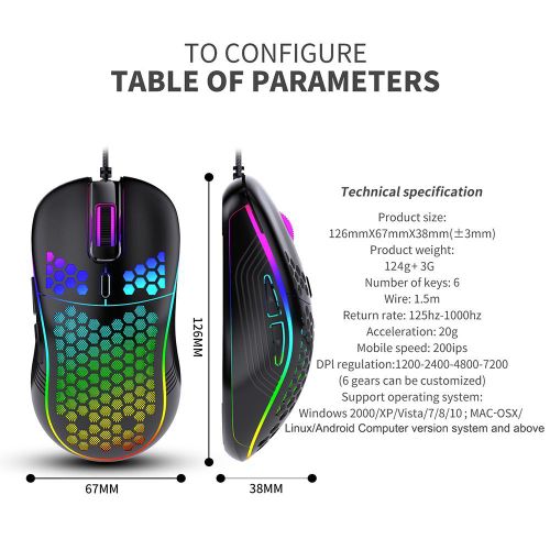Honeycomb Wired Gaming Mouse with RGB On/Off Switch, 7200 Adjustable DPI, Ergonomic Lightweight Design & High Precision Sensor for PC/Mac Gamers (Black)