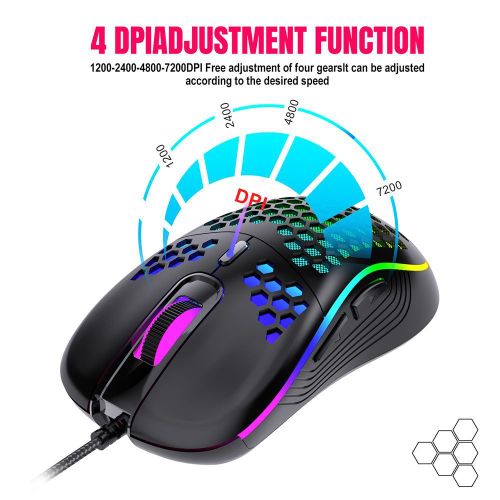Honeycomb Wired Gaming Mouse with RGB On/Off Switch, 7200 Adjustable DPI, Ergonomic Lightweight Design & High Precision Sensor for PC/Mac Gamers (Black)