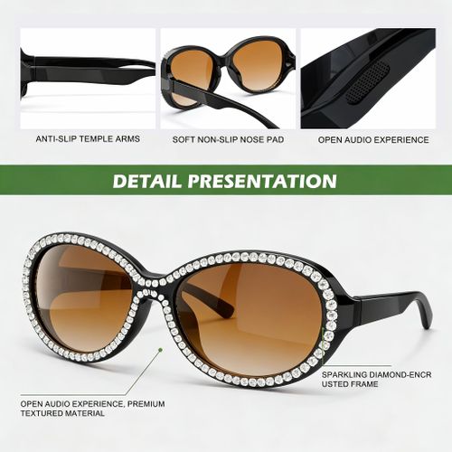 Smart Rhinestone Bluetooth Sunglasses for Women – UV400 Wireless Music & Hands-Free Calls