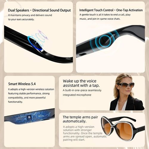 Smart Rhinestone Bluetooth Sunglasses for Women – UV400 Wireless Music & Hands-Free Calls